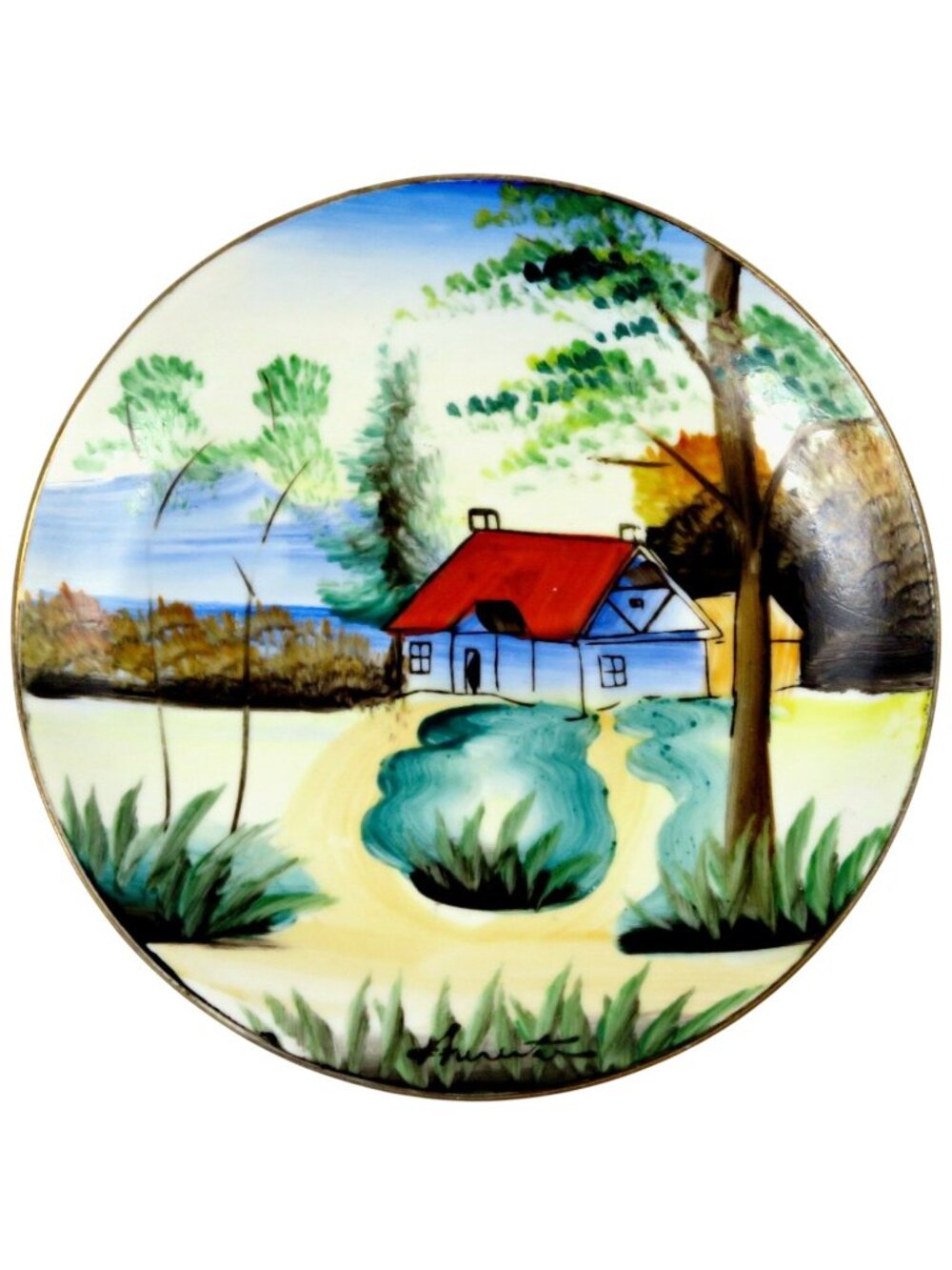 Signed Japanese Scenic Saucer Hand-Painted Landscape 1920s-40s Porcelain